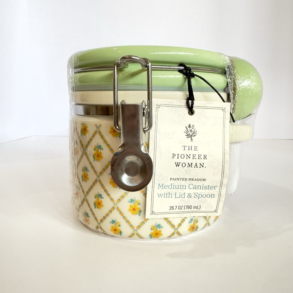 Pioneer Woman Medium Stoneware Canister w/ Lid & Spoon Painted Meadow New Sealed